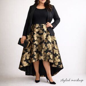 Carmen Marc Valvo Black and Gold High-Low dress plus